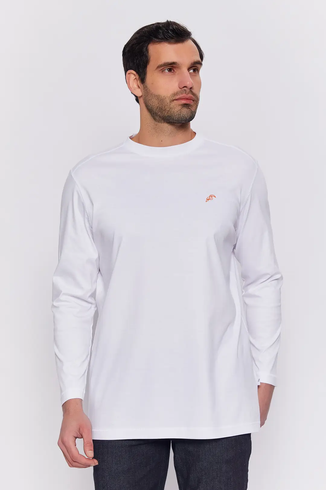 TuSerkam - Nakışlı Bisiklet Yaka Uzun Kol Oversize Erkek Basic Tişört - BEYAZ