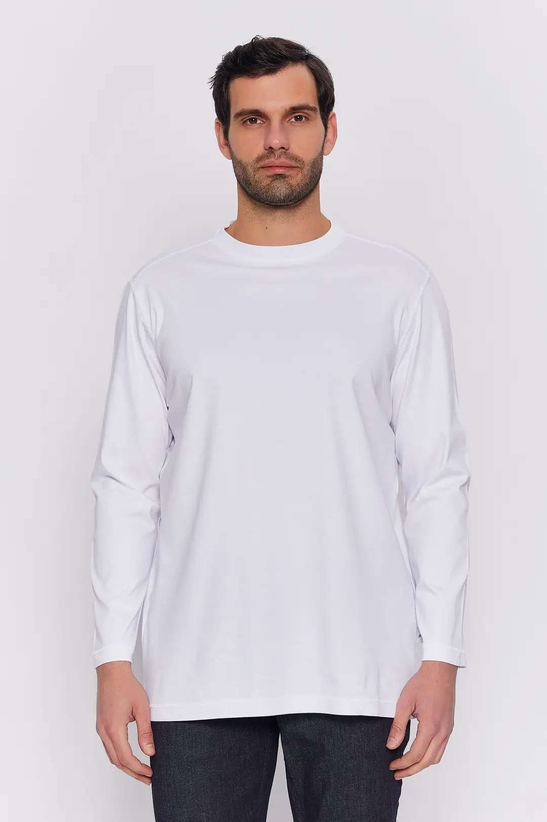 Serkam - Bisiklet Yaka Uzun Kol Oversize Erkek Basic Tişört - BEYAZ