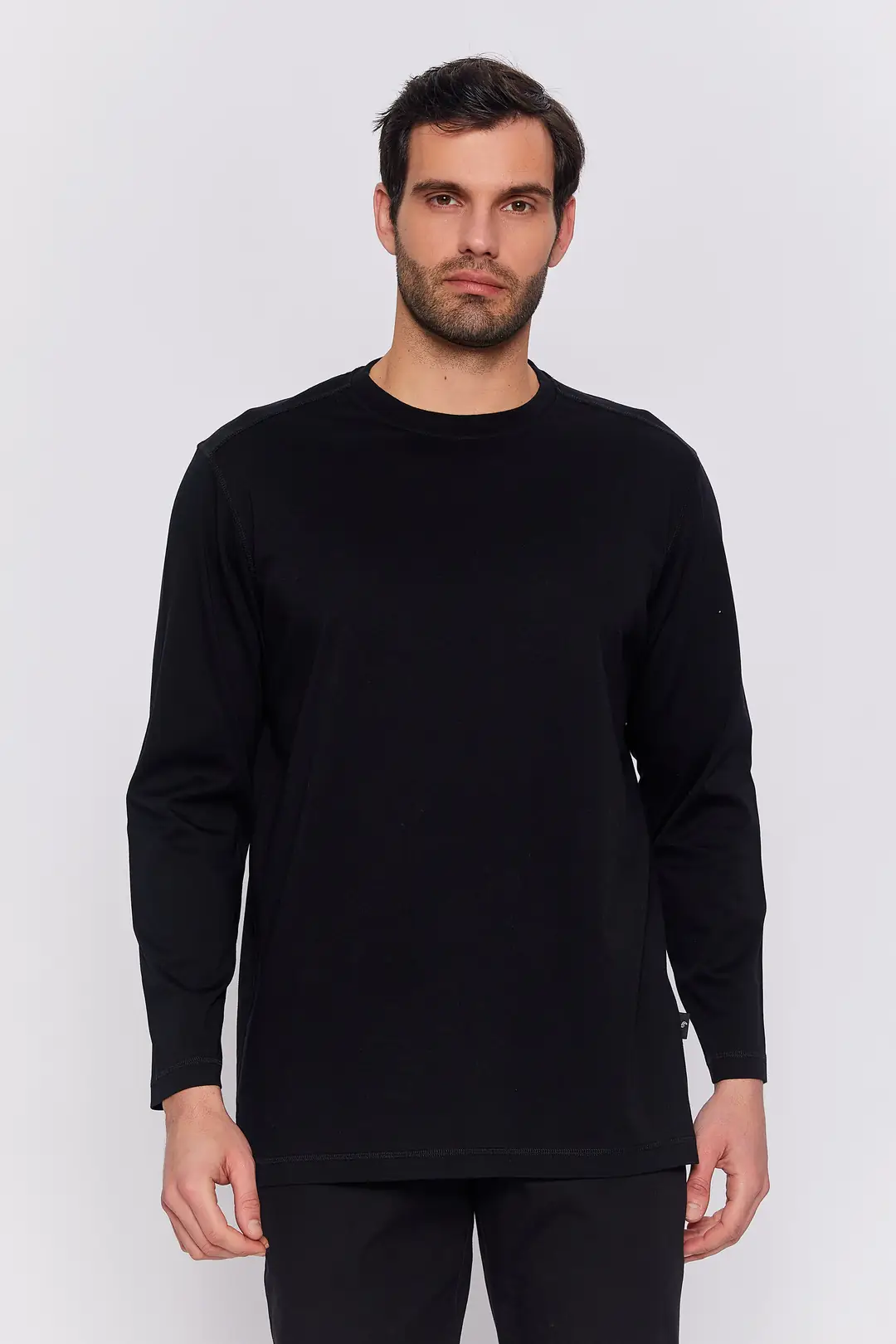 Serkam - Bisiklet Yaka Uzun Kol Oversize Erkek Basic Tişört - SİYAH